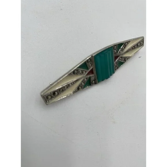 Vintage Silver Tone Turquoise Pin Brooch Bar Rhinestone Jewelry Scarf  2.5" Long - Picture 4 of 6